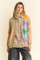 Davi & Dani Argyle V-Neck Dropped Shoulder Cardigan Tan
