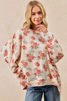 BiBi Oatmeal Floral Print Oversized Waffle Thermal Sweatshirt OATMEAL