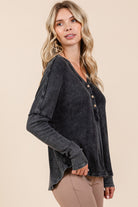 Mittoshop Charcoal Washed Textured V-Neck Long Sleeve Top Shirts & Tops