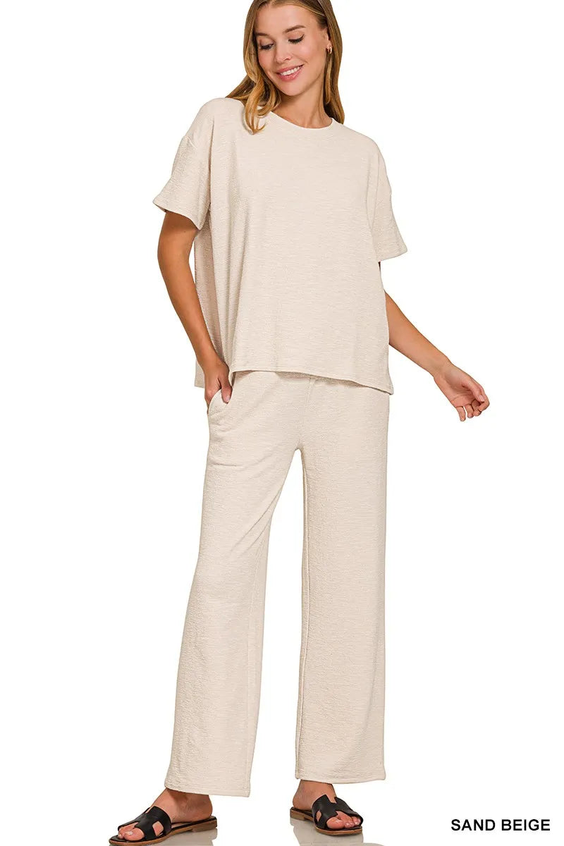 Zenana Sand Beige Slub Short Sleeve T-Shirt and Pants Set SAND BEIGE