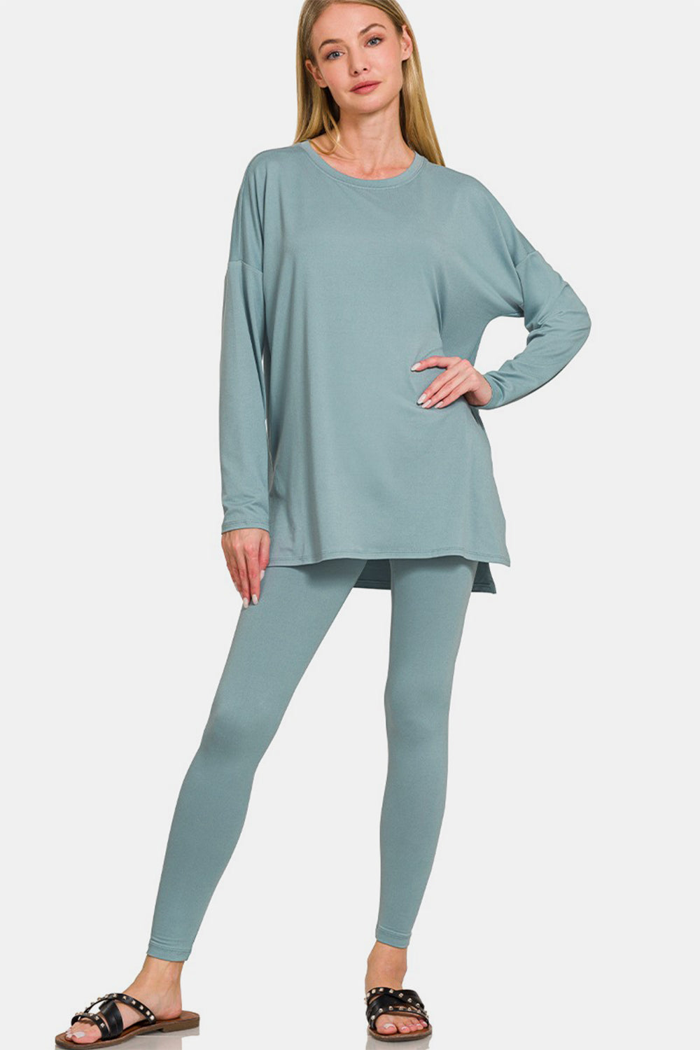 Zenana Blue Grey Brushed Microfiber Long Sleeve Top and Leggings Lounge Set Blue Grey Trendsi