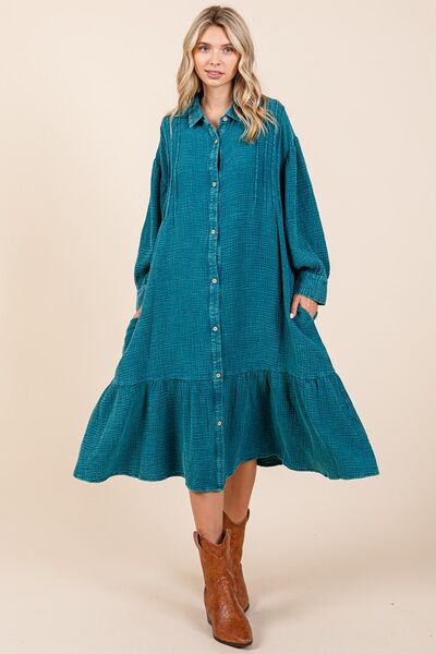 Mittoshop Topaz Blue Mineral Wash Cotton Gauze Ruffle Midi Shirt Dress