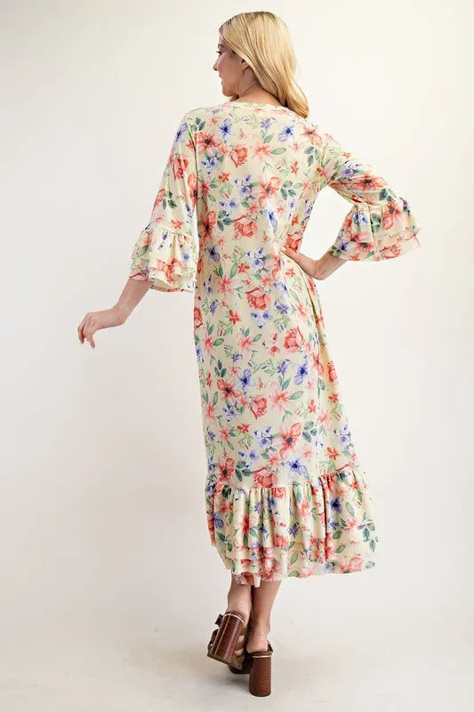 Celeste Soft Yellow Floral Ruffle Trim Dress