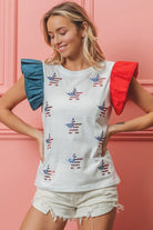 BiBi American Flag Sequin Stars Ruffled Sleeve Top
