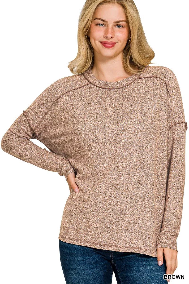 Zenana Brown Melange Hacci Exposed Seam Hi-low Tee BROWN