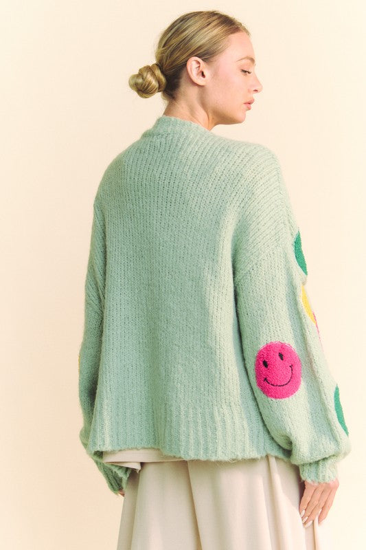 Davi & Dani Sage Fuzzy Smile Open Front Long Sleeve Cardigan