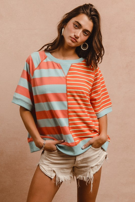 BiBi Striped Coral Round Neck Half Sleeve French Terry Top