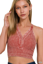 Zenana Rust Washed Ribbed Seamless Button V-neck Tank Top
