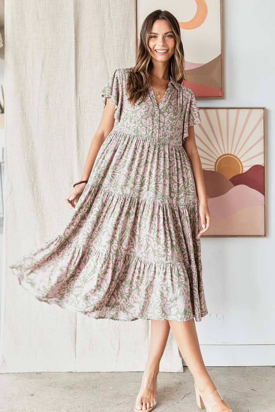Mittoshop Abstract Print Ruffle Tier Midi Dress in Sage
