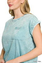 Zenana Dusty Teal Crinkle Washed Round Neck Folded Short Sleeve Tee