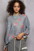 POL Heather Grey Butterflies Pattern Round Neck knit Top with Outseam Rolling Edge HEATHER GREY