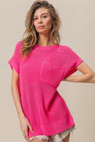 BiBi Fuchsia Patch Pocket Short Sleeve Sweater Fuchsia Trendsi