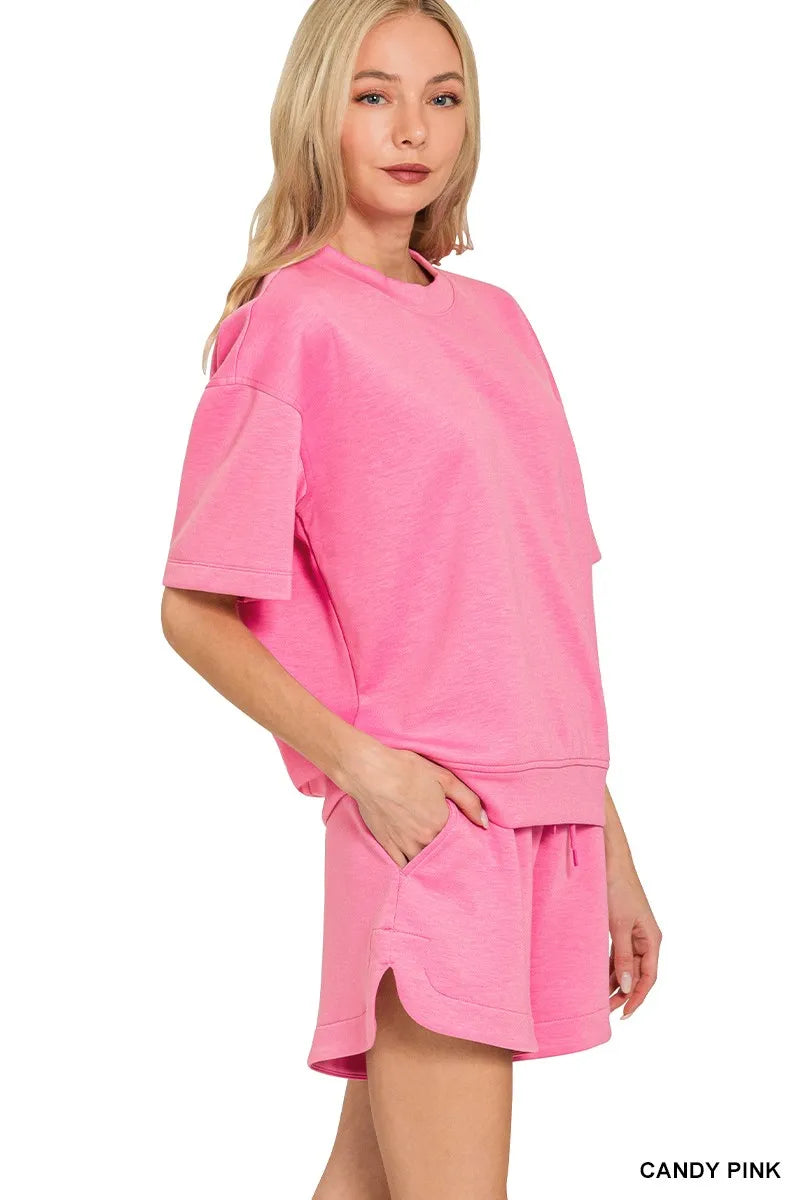 Zenana Dark Green Scuba Short Sleeve Top & Shorts Set