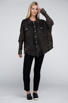 Zenana Ash Black Acid Wash Oversized Cotton Waffle Shacket Shirts & Tops