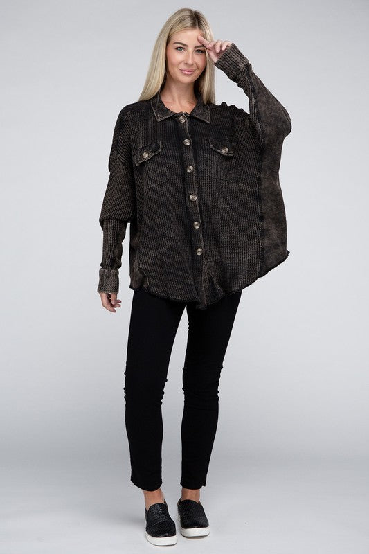 Zenana Ash Black Acid Wash Oversized Cotton Waffle Shacket ZENANA