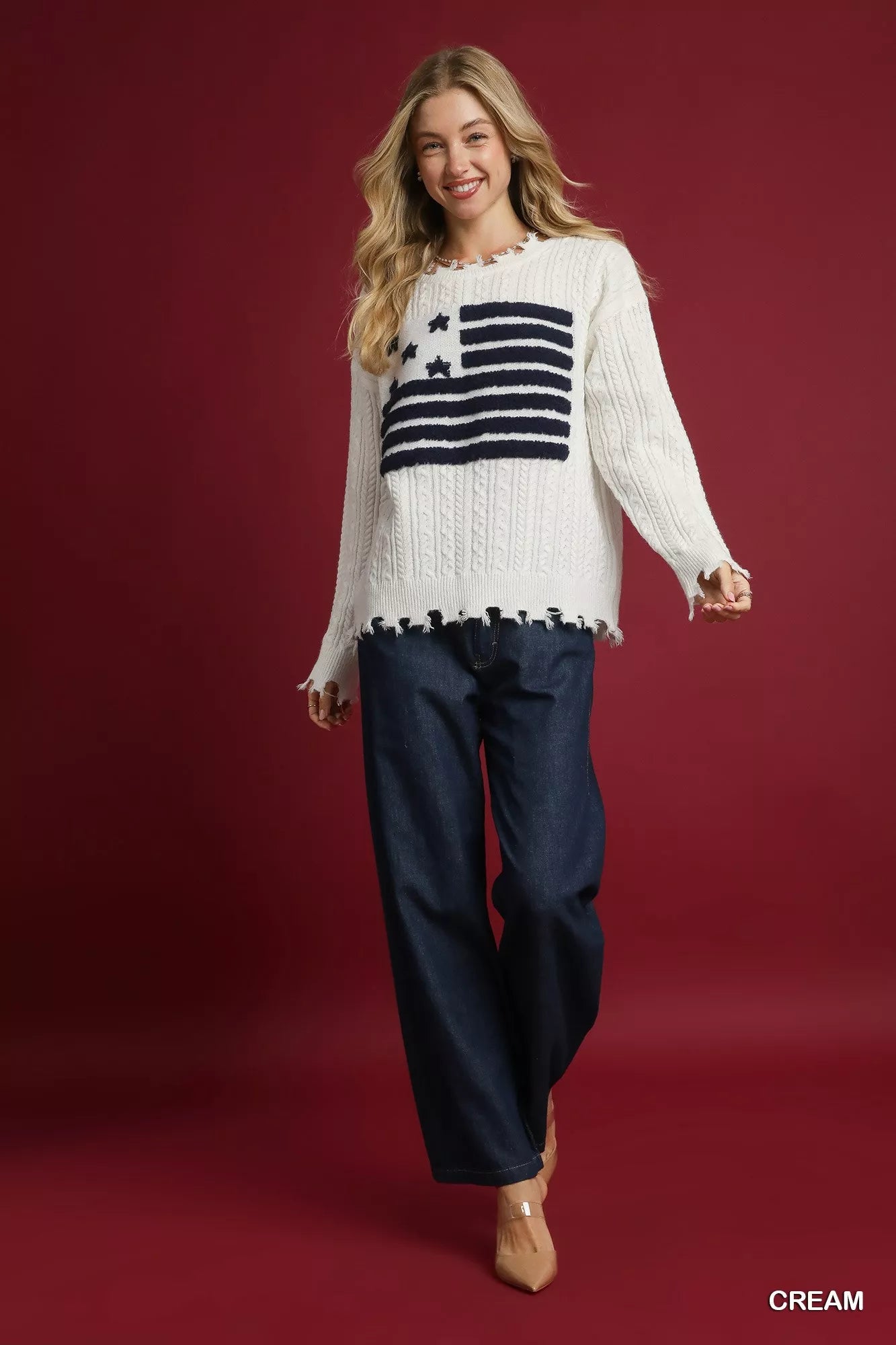 Umgee Cream Distressed American Flag Sweater