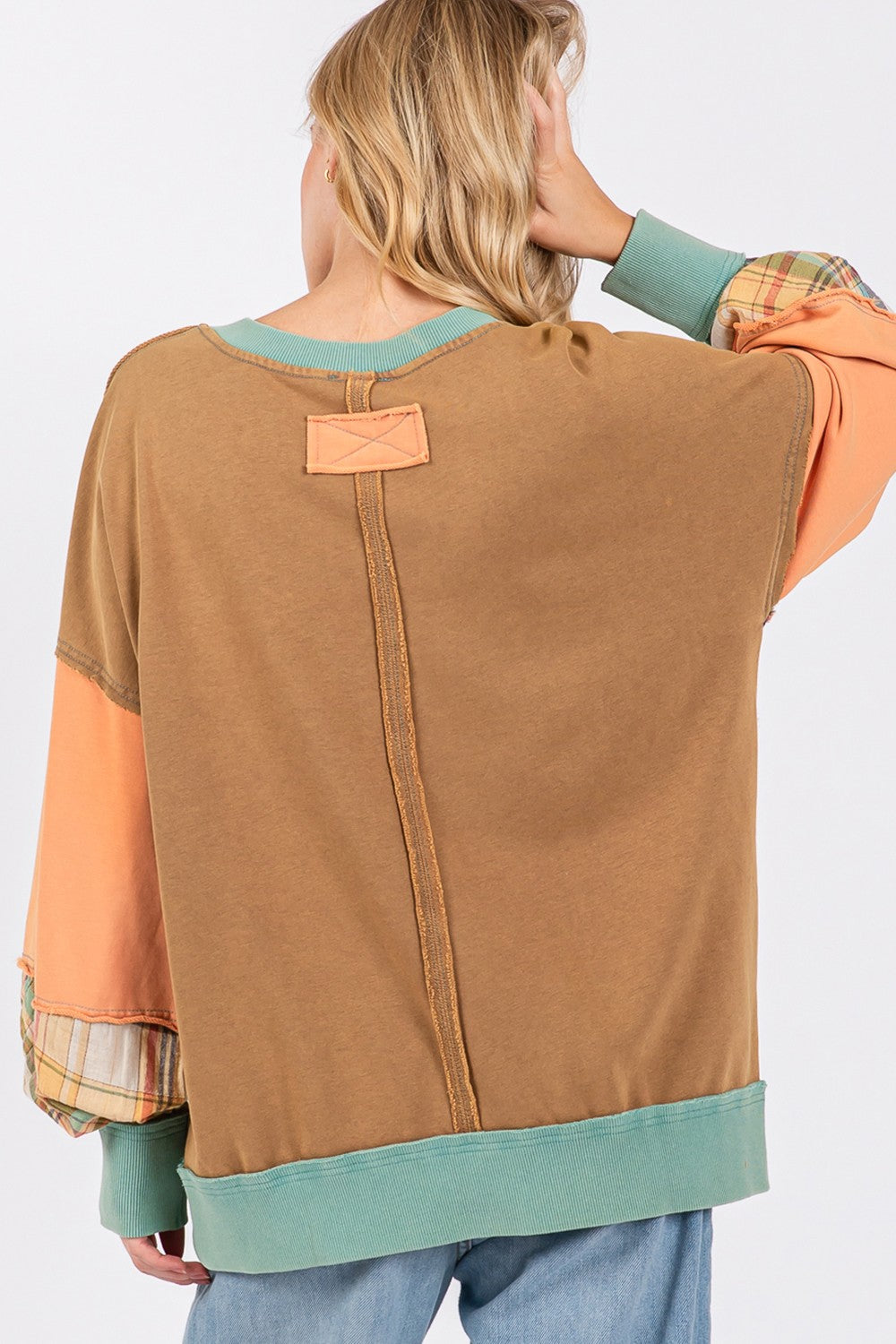 SAGE + FIG Hazelnut Mineral Wash Raw Edge Color Block Sweatshirt Shirts & Tops