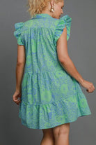 Umgee Gum Leaf Printed Ruffle Cap Sleeve Babydoll Dress