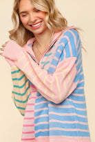 Haptics Blush & Blue Stripe Half Zip Up Oversized Sweater Shirts