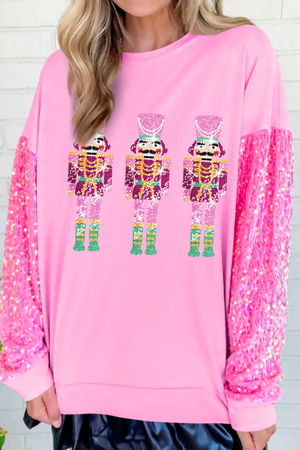 Preorder Pink Sequin Nutcracker Dropped Shoulder Sweater Pink Trendsi