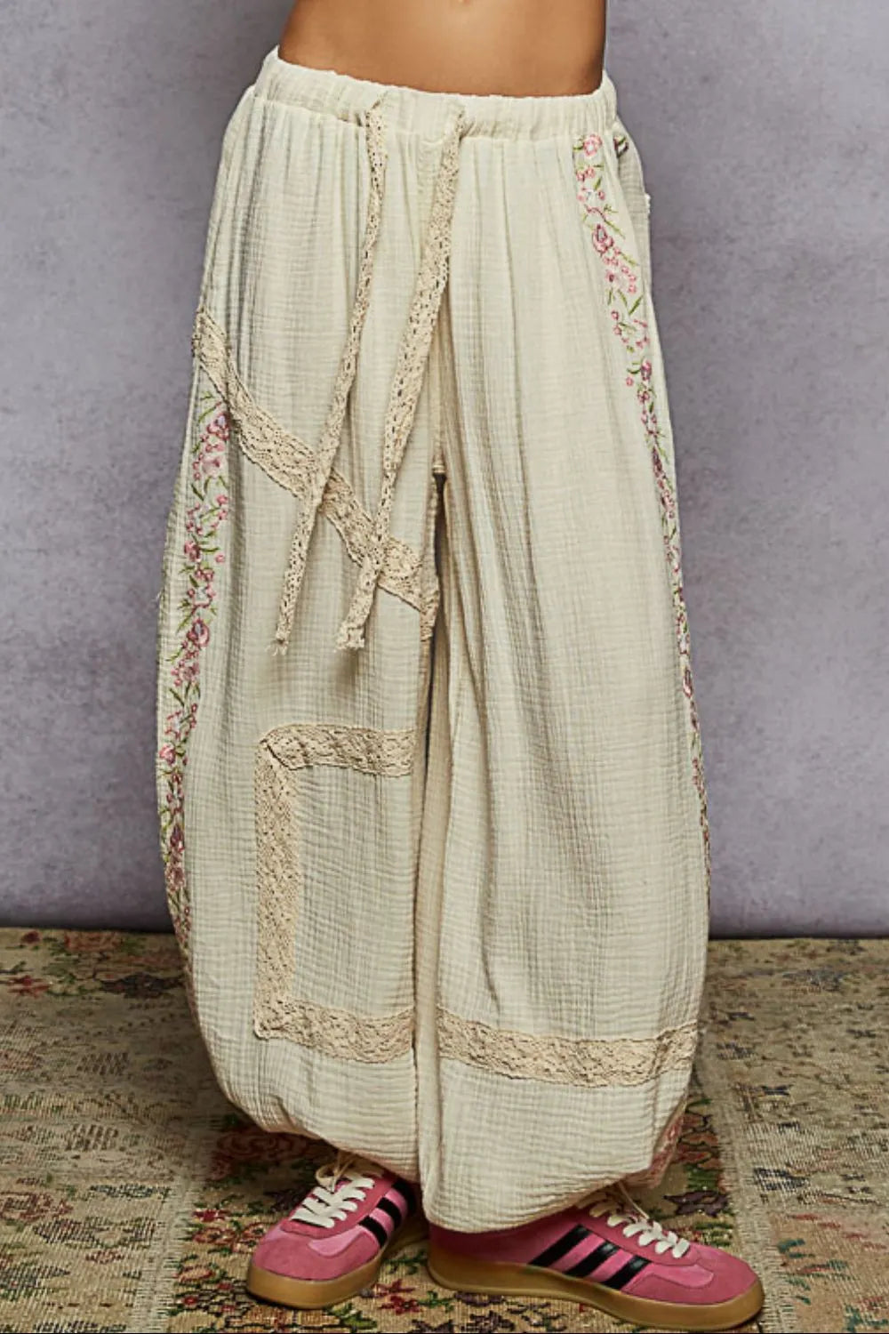 POL Floral Embroidered Drawstring Double Gauze Joggers with Lace Trim Cream Pants