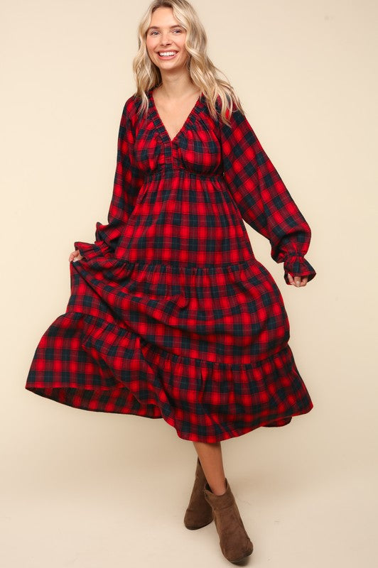 Haptics Holiday Red Plaid Elastic V Neck Tiered Maxi Dress Haptics