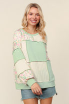Haptics Mint Round Neck Bubble Long Sleeve Rib Cable Knit Floral Print French Terry Color Block Patchwork Pullover Knit Top