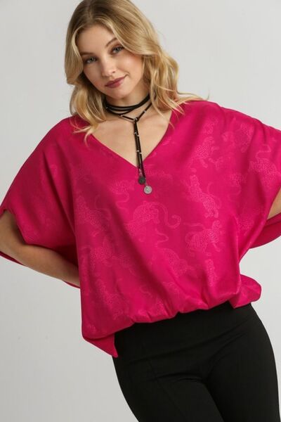 Umgee Deep Rose Satin Animal Print Jacquard Top Deep Rose