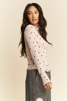 Davi & Dani Pink Ribbon Bow Lace Hem Long Sleeve Mesh Layering Top