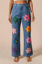 BiBi Flower Print Straight Legs Denim Pants