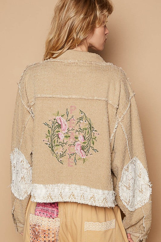 POL Sand Crochet Patch Embroidered Button Up Jacket Coats & Jackets