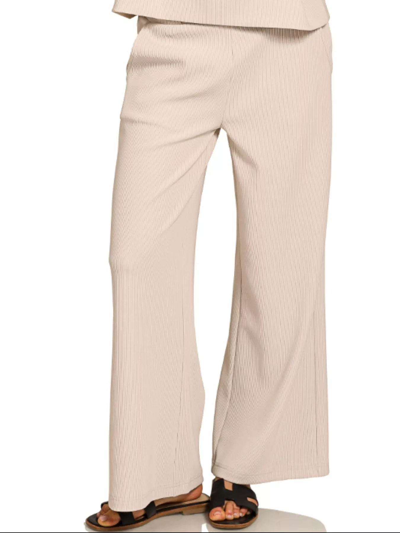 Zenana Sand Beige Ribbed Round Neck Short Sleeve Tee & Pants Set