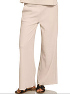 Zenana Sand Beige Ribbed Round Neck Short Sleeve Tee & Pants Set