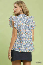 Umgee Blue Floral Print Ruffle Cap Sleeve Blouse