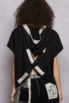 POL Black Short Sleeve Hooded Top with Back-Open & Pearl Detail