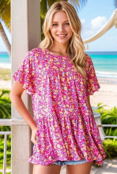 Heimish Ruffled Short Sleeve Floral Tiered Blouse