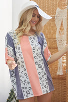 BiBi Peach Navy Leopard Stripe Printed French Terry Oversized Top PEACH NAVY