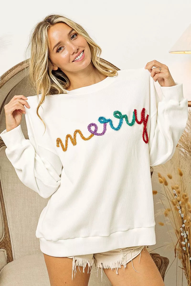 BiBi White Merry Tinsel Multi Lettering Drop Shoulder Sweatshirt