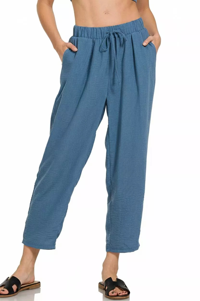 Zenana Woven Crepe Elastic Band Waist Pants