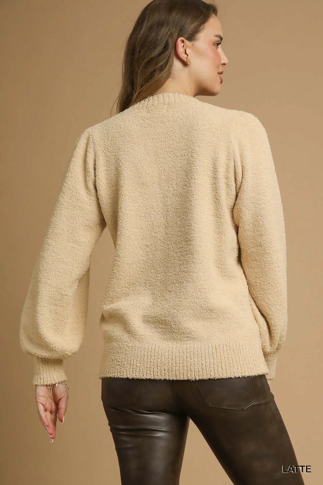 Umgee Latte Cozy Textured Long Sleeve Sweater with Ribbed Trim