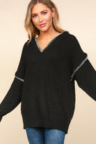 Notched Neck Long Sleeve Hooded Pullover Ave Shops