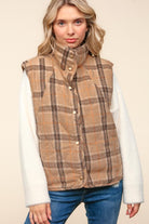 Haptics Layer Up Taupe Plaid Snap Button Quilted Puffer Vest Haptics