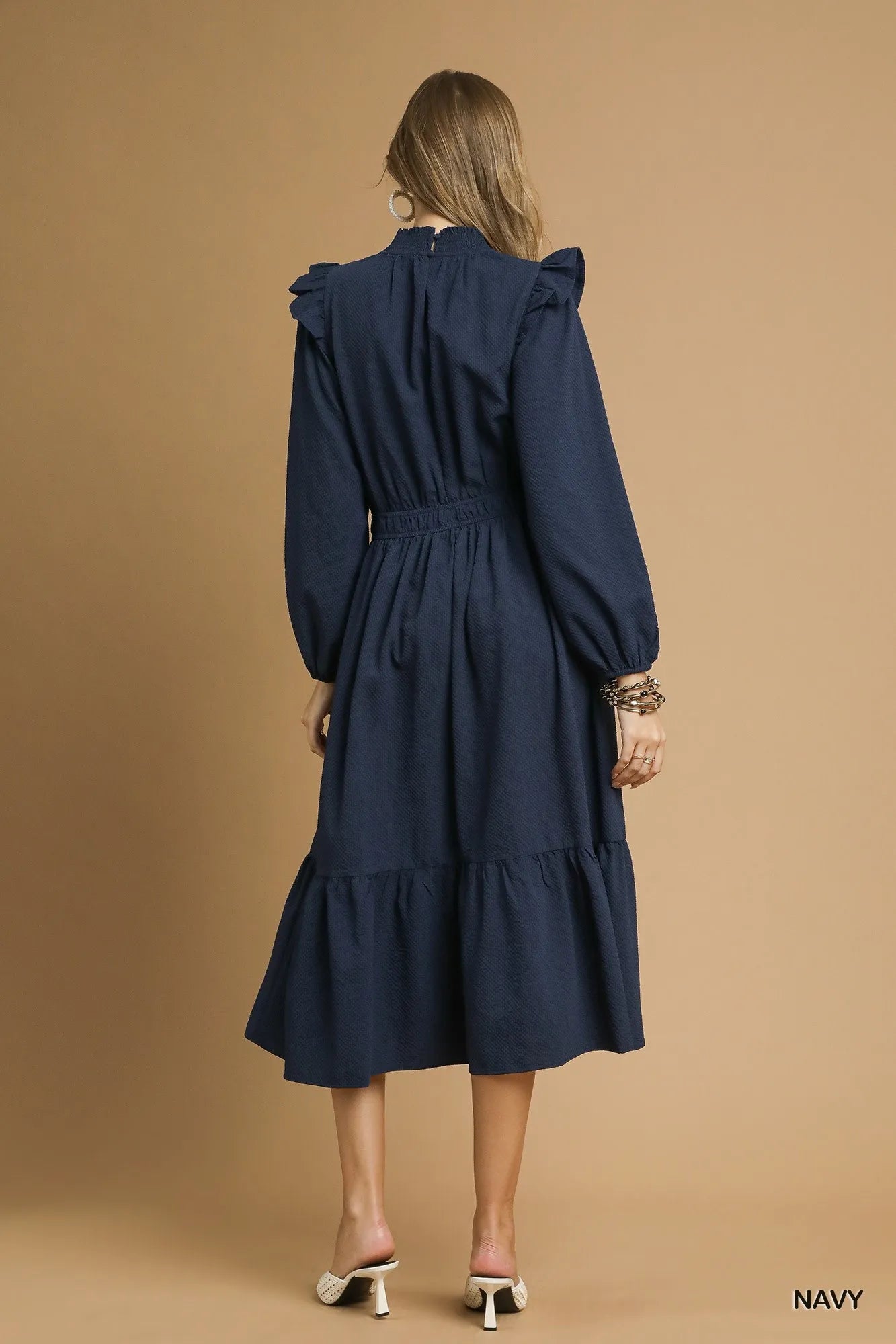 Umgee Navy Textured Midi Dress with Ruffle Shoulder Detail