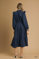 Umgee Navy Textured Midi Dress with Ruffle Shoulder Detail