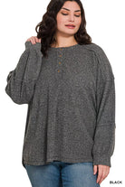 Zenana Black Ribbed Brushed Hacci Melange Henley Sweater