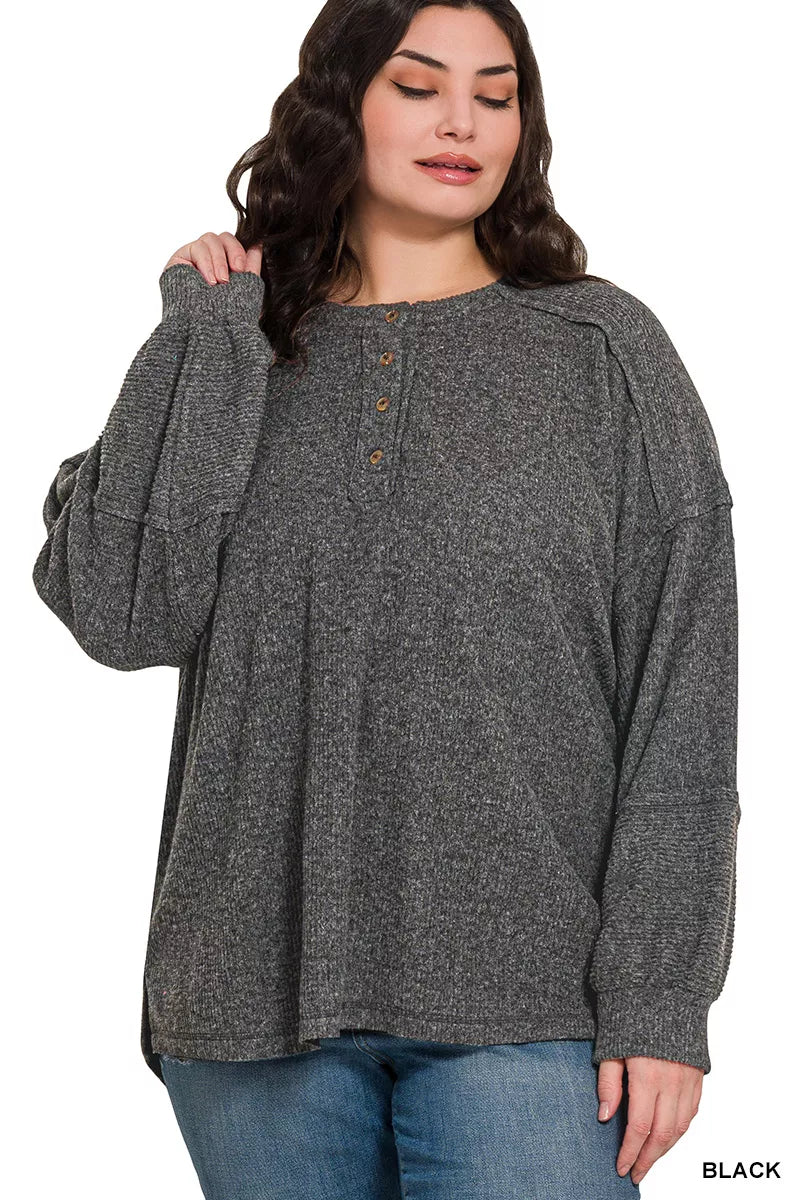 Zenana Black Ribbed Brushed Hacci Melange Henley Sweater