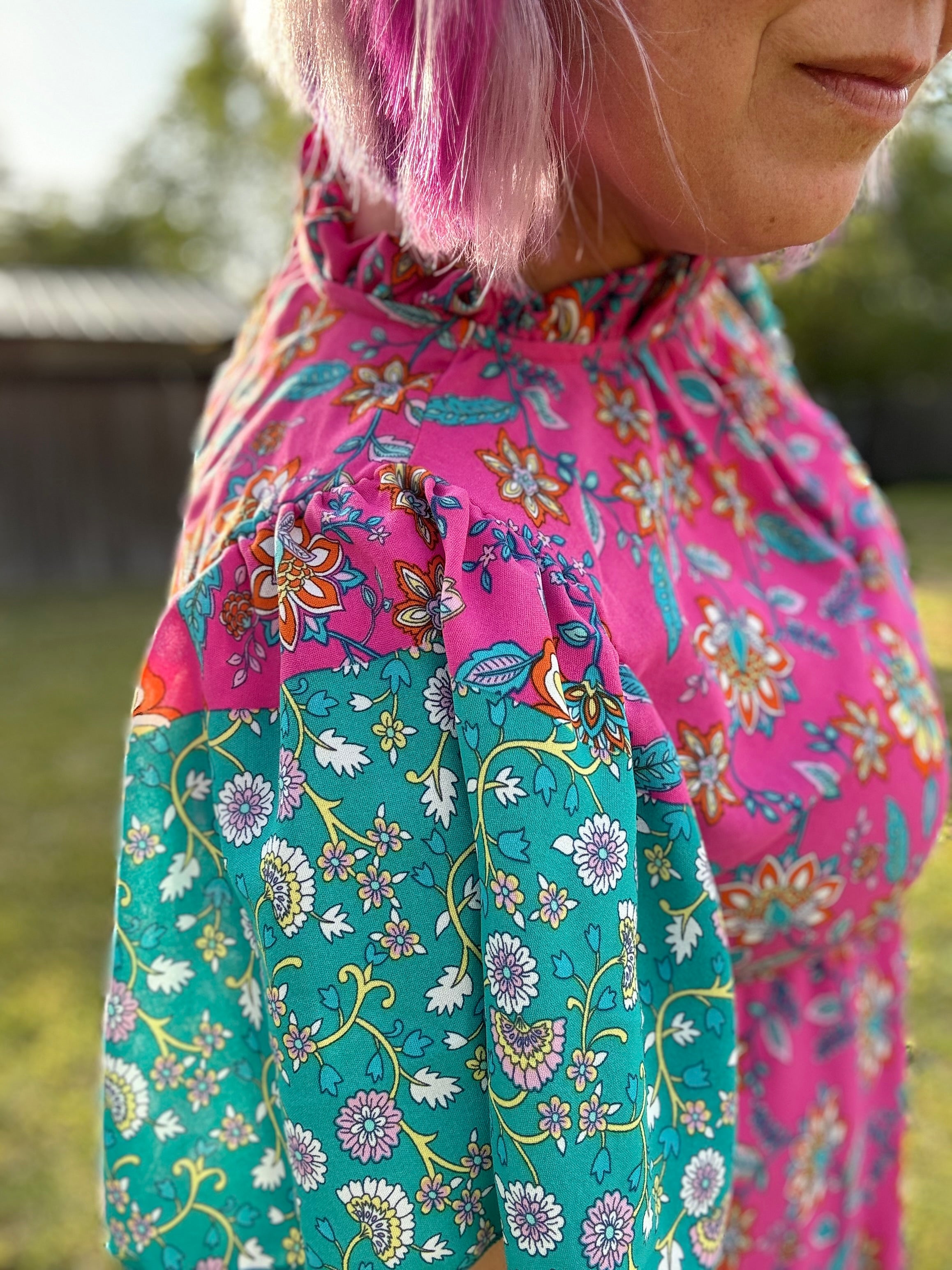 Haptics Charming Fuchsia & Mint Floral Frill Mock Neck Flutter Sleeve Midi Dress Haptics