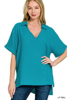 Zenana Double Gauze Short Sleeve High-Low Top LT TEAL