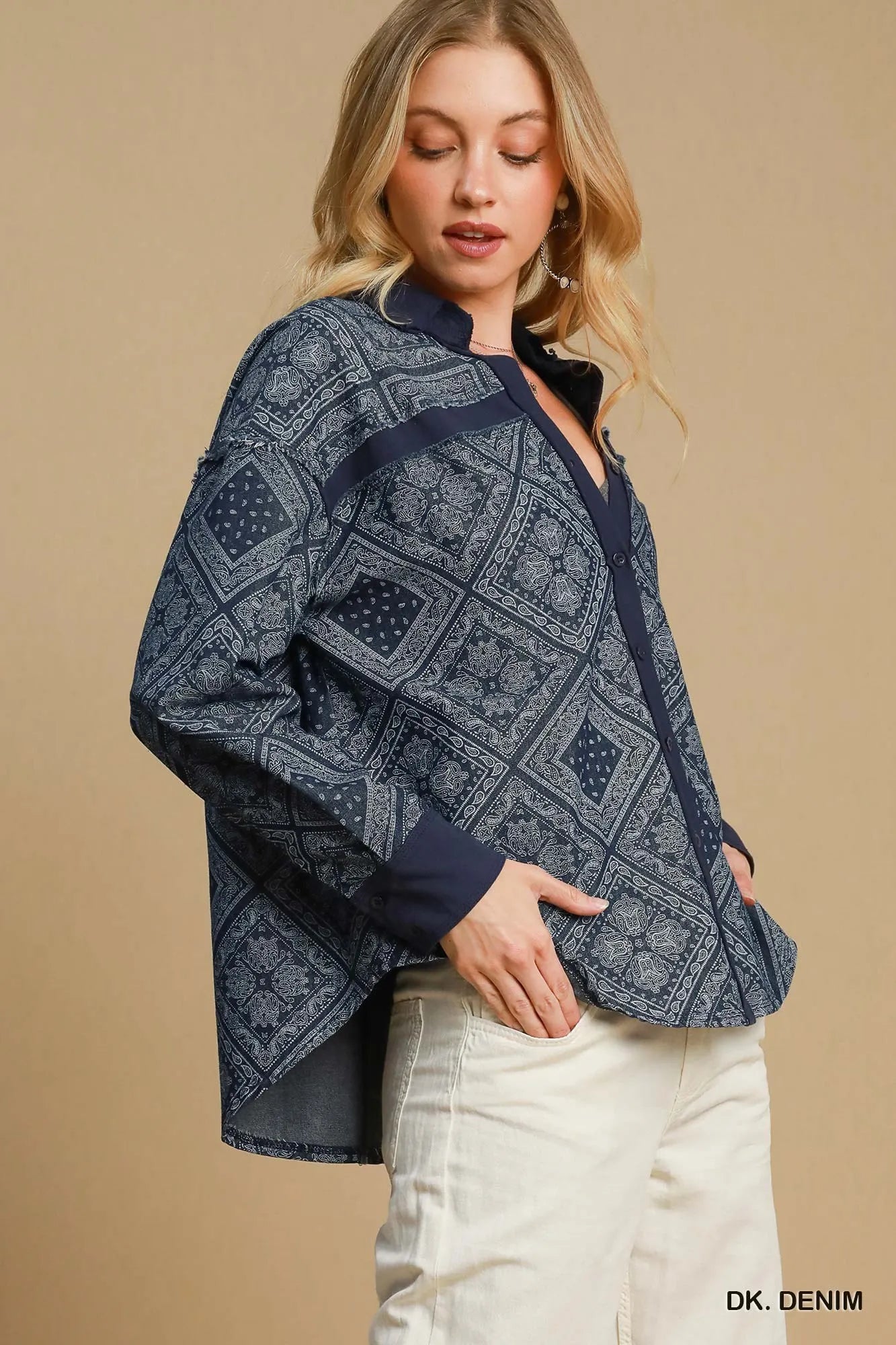 Umgee Dark Denim Paisley Print Denim Shirt Jacket