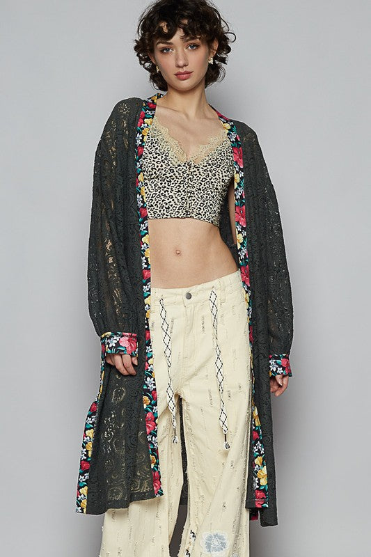 POL Black Floral Trim Lace Open Front Longline Cardigan